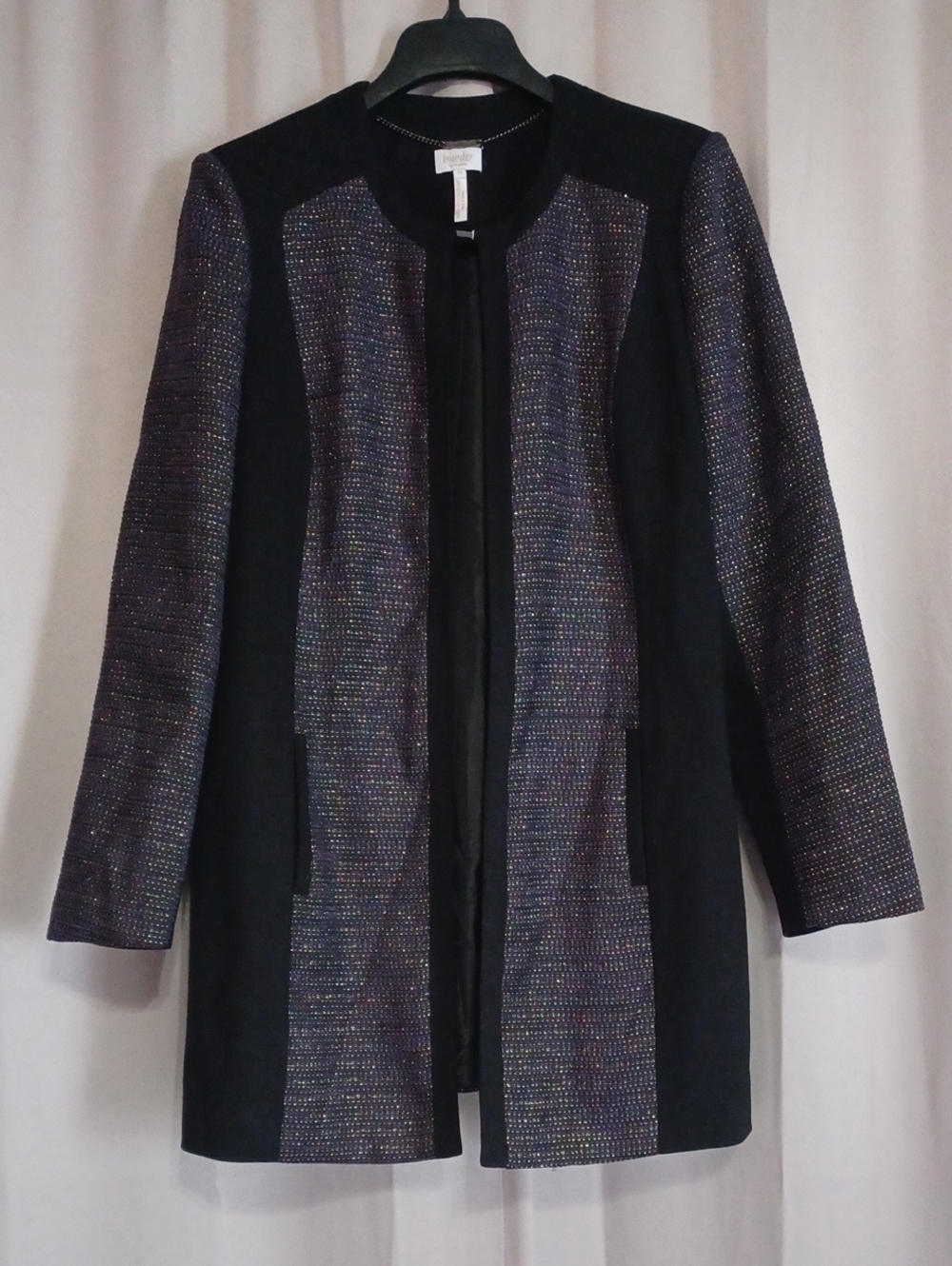 Laundry By Shelli Segal Black Metallic Tweed Open Front Long Blazer Size 12